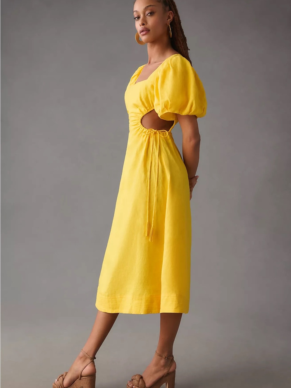 FARM Rio Yellow Puff-Sleeve Midi Dress with Side Cutout